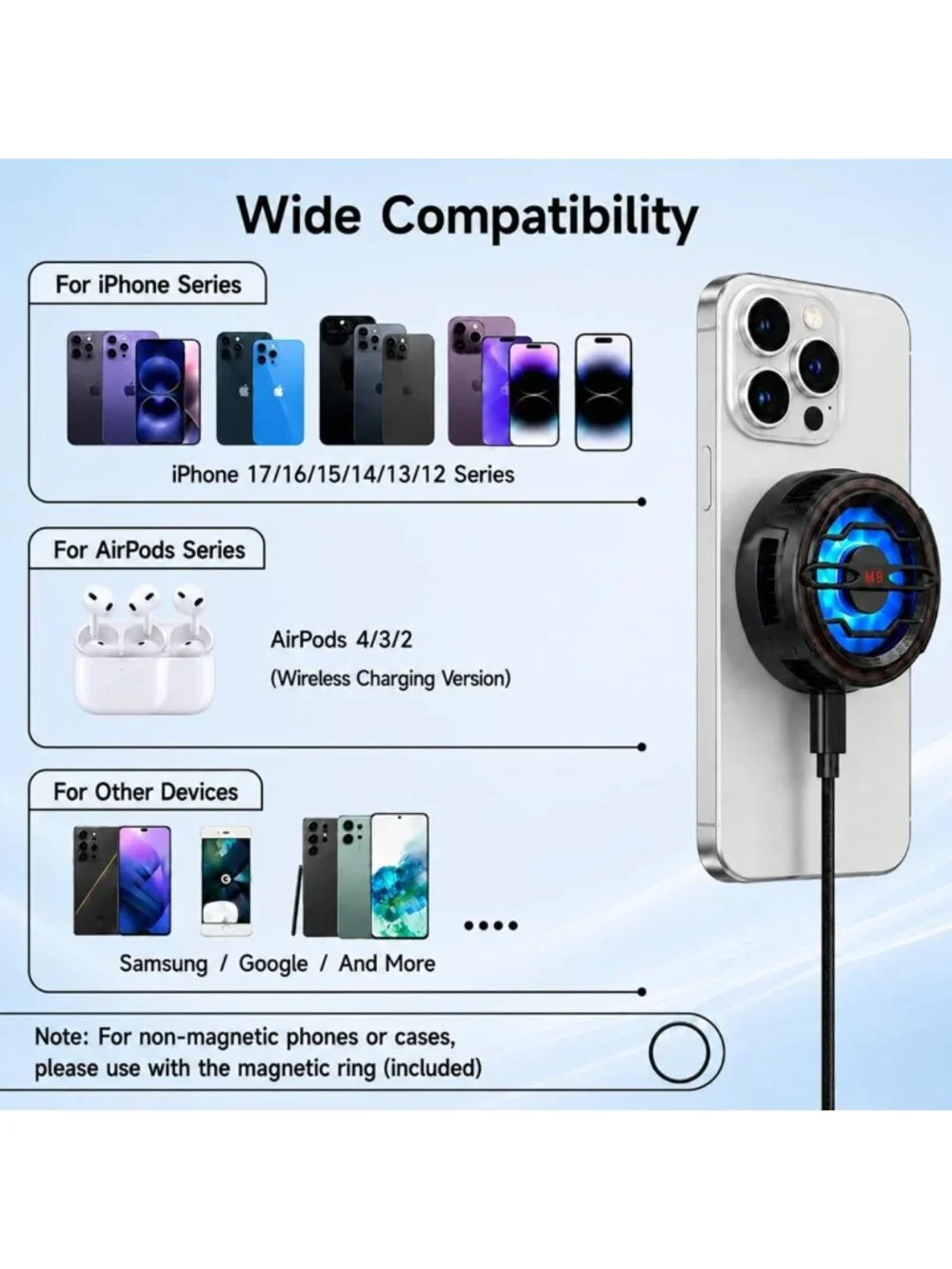 Magnetic Phone Cooler & 15W Fast Wireless Charger with RGB LED Light